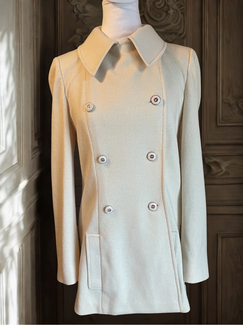 Vintage BLEYLE Women's 100% Wool Double Breasted Car Coat Jacket Cream Size 10 - Picture 2 of 14